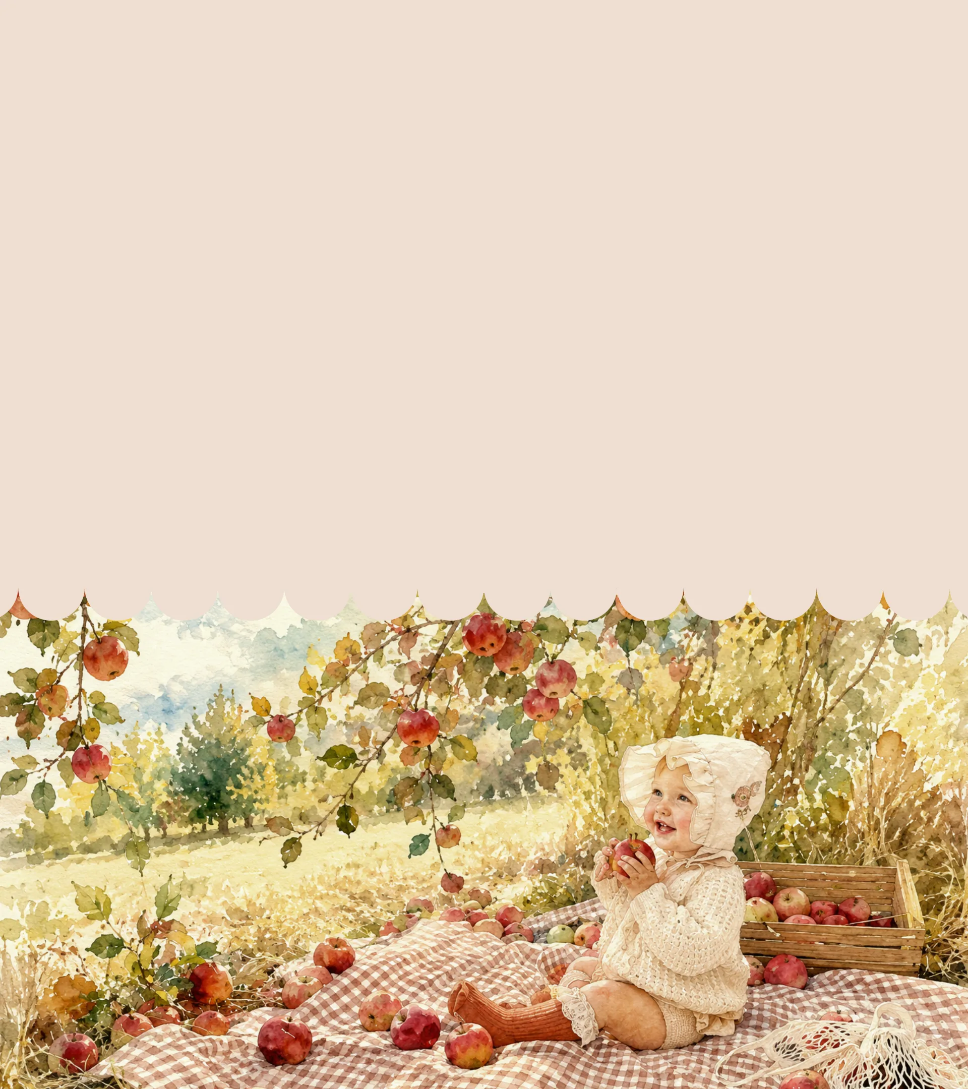 Bebê em um pomar de maçãs em ilustração aquarelada