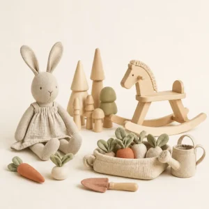 Composição provisória com coelho de tecido, blocos, cavalinho e brinquedos naturais