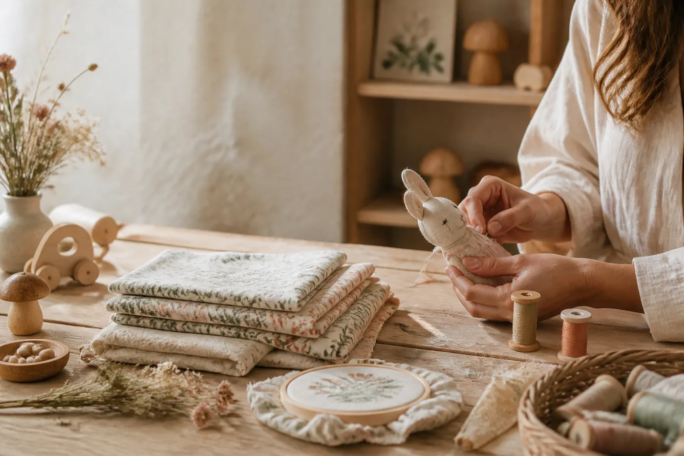 Detalhes de tecidos, linhas e peças artesanais do ateliê