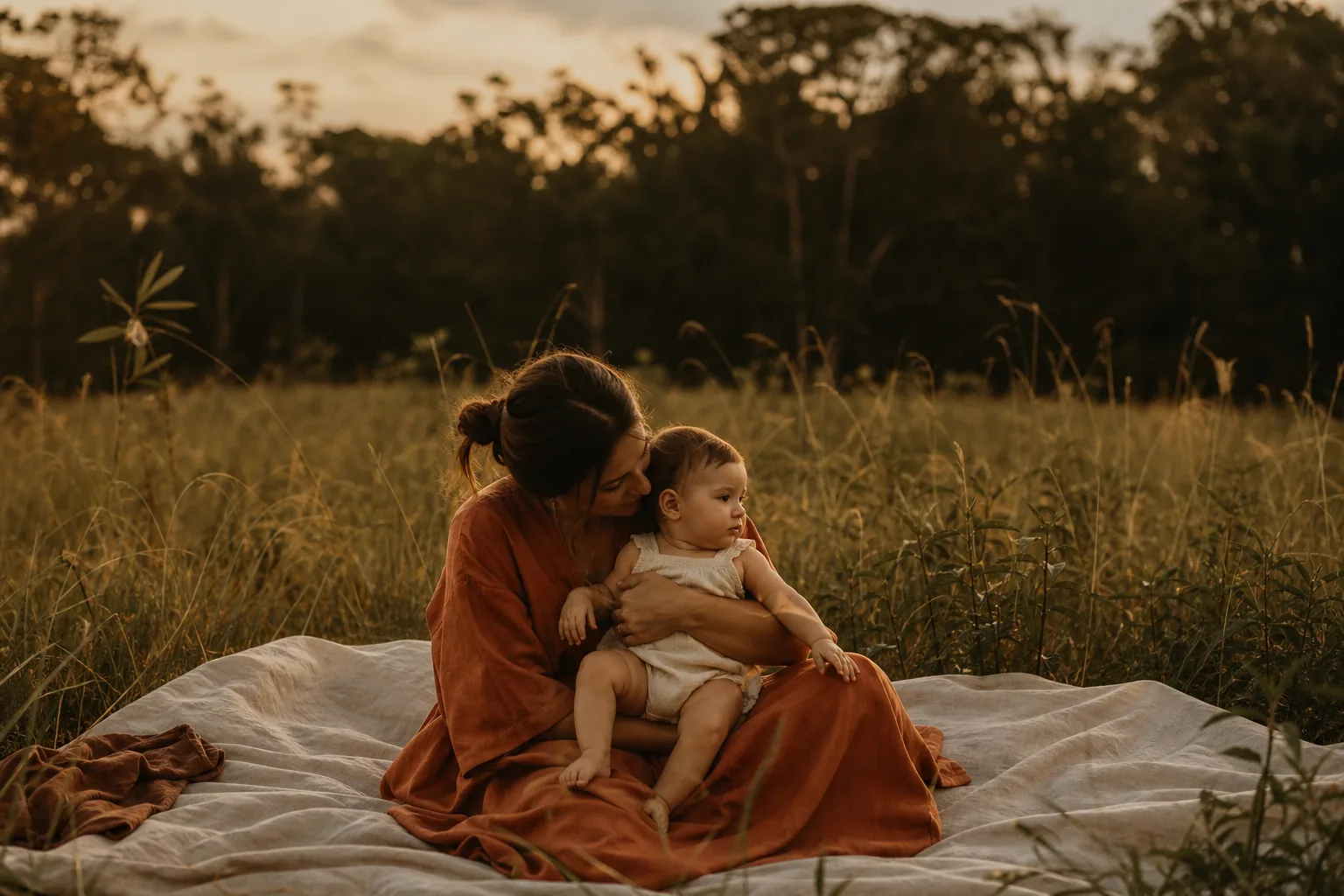 Mãe acolhendo um bebê em um campo ao entardecer