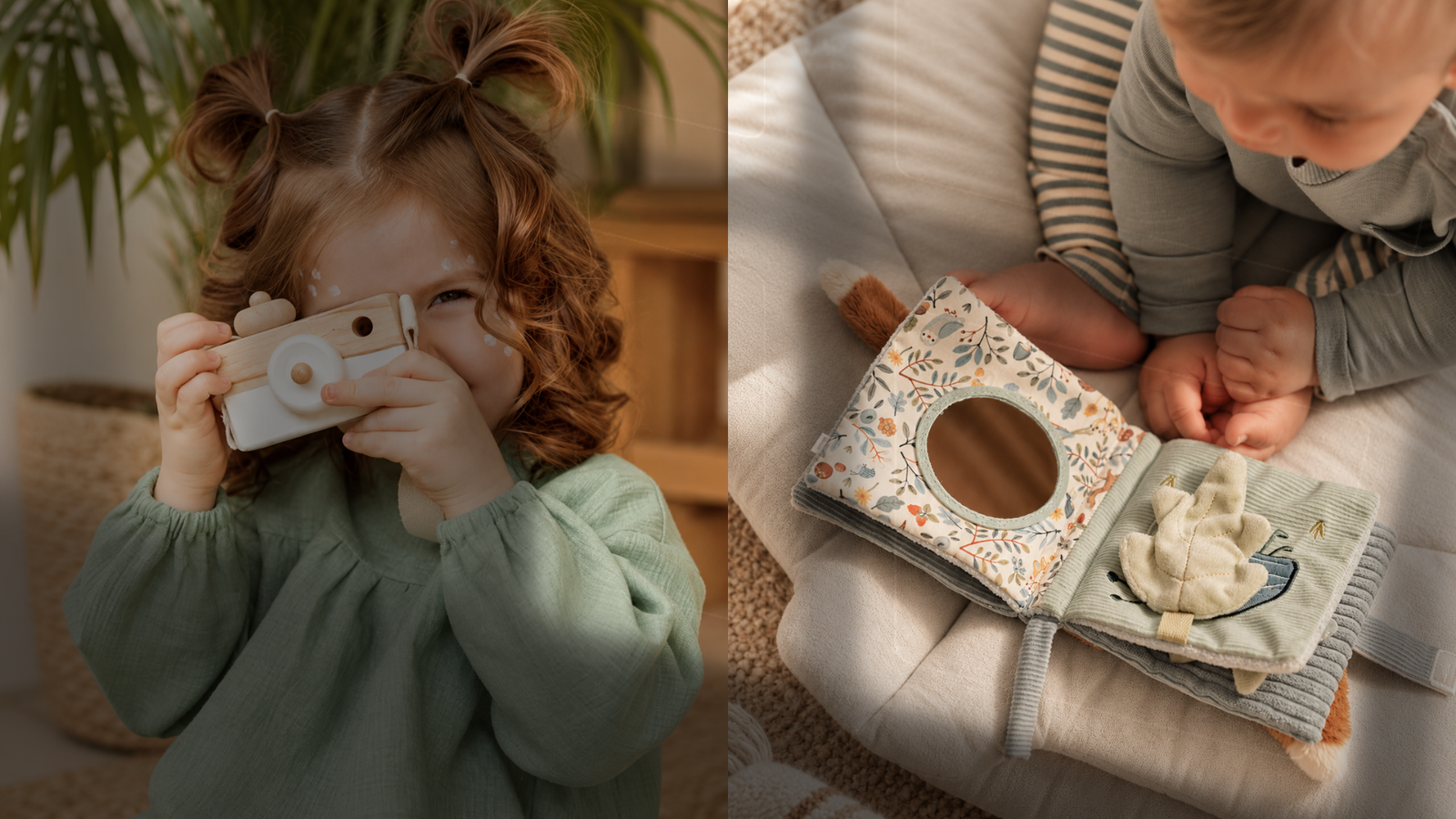 Criança brincando com uma câmera e bebê explorando um brinquedo sensorial
